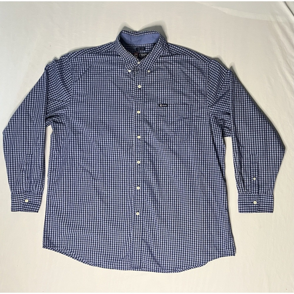 Chaps Easy Care Oxford Dress Shirt Mens 2XB Plaid Long Sleeve Button Up Blue